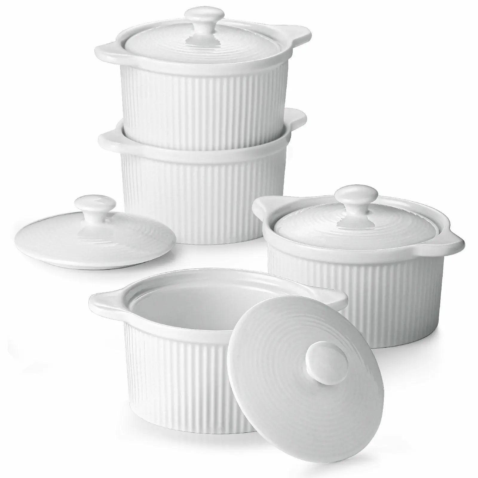 Wedding White Porcelain Ramekins with Handles & Lids - Set of 4